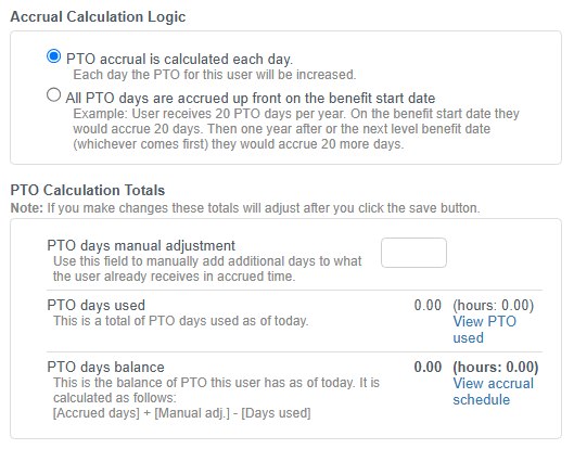 Timogix individual PTO calculation settings showing daily accrual and PTO calculation totals
